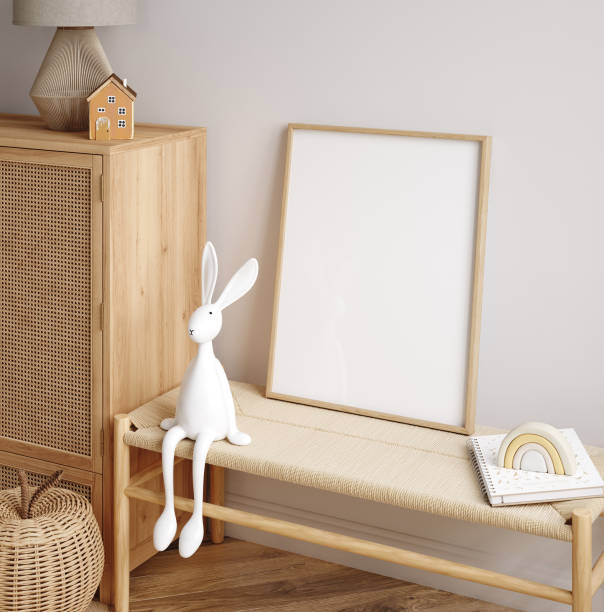 marco de maqueta en habitación infantil con muebles de madera natural, fondo interior de estilo scandi boho - parvulario dormitorio fotografías e imágenes de stock
