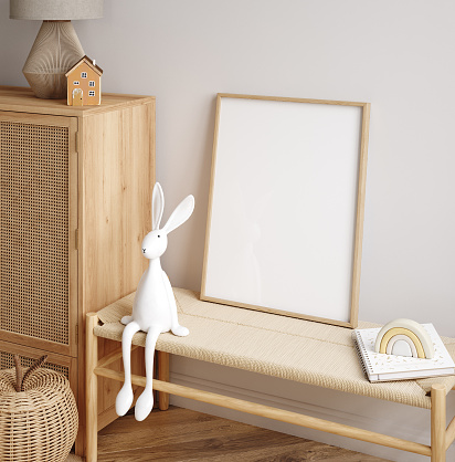 Mock up frame in children room with natural wooden furniture, Scandi Boho style interior background, 3D render