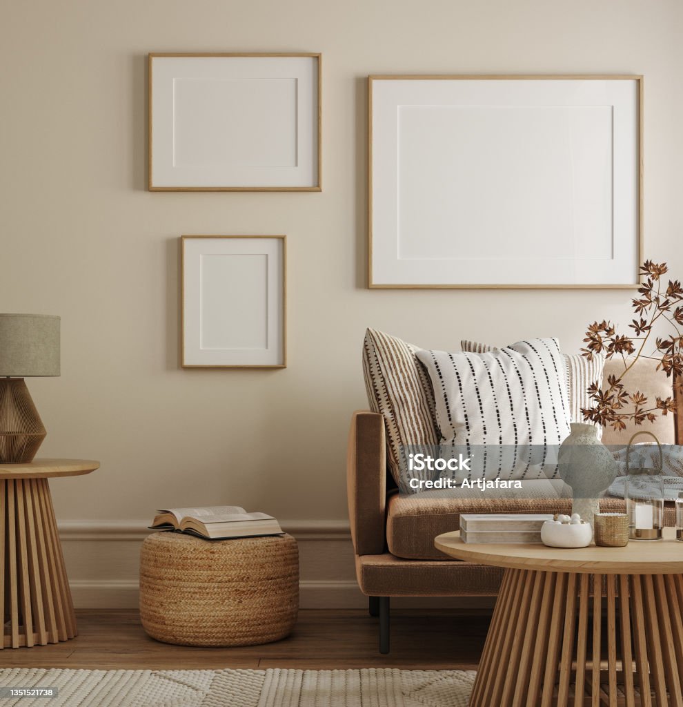 Poster frame mock-up in home interior background, living room in beige and brown colors Poster frame mock-up in home interior background, living room in beige and brown colors, 3d render Living Room Stock Photo