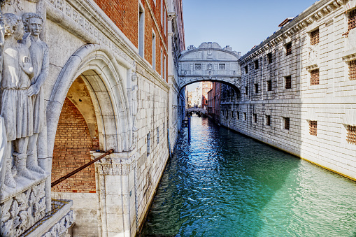 St Marks Square, Venice, Italy - the Bridge of Sighs spanning the little canal between Doges Palace and the Prison, Venice, Italy