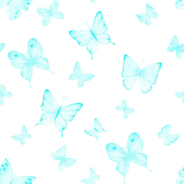 illustrations, cliparts, dessins animés et icônes de motif d’été botanique sans couture avec des papillons à l’aquarelle bleu sarcelle - spring abstract insect dreams