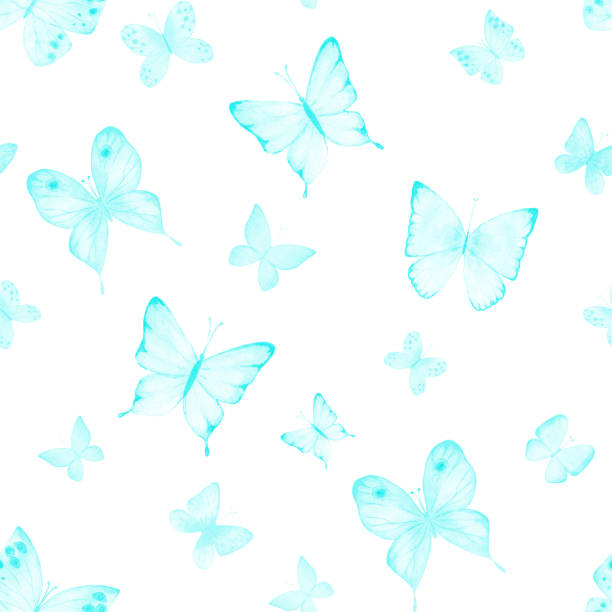 ilustrações, clipart, desenhos animados e ícones de padrão de verão botânico sem emenda com borboletas de aquarela azul teal - spring abstract insect dreams