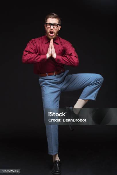 Vertical Image Of Male Fighter Nerd Stock Photo - Download Image Now - Fun, Men, Yoga