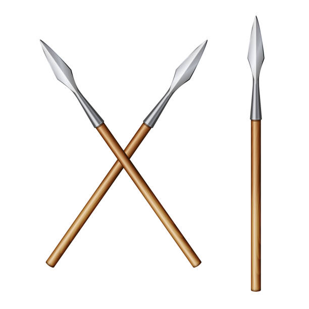 Color realistic image of two crossed spears isolated on a white Color realistic image of two crossed spears isolated on a white background. Vector illustration harpoon stock illustrations