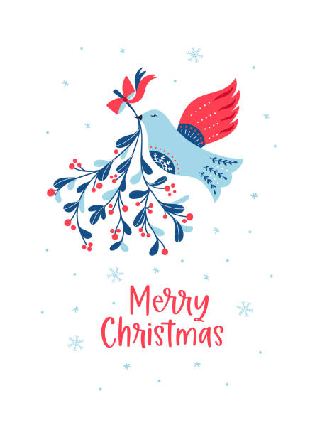ilustraciones, imágenes clip art, dibujos animados e iconos de stock de tarjeta vectorial de navidad muérdago pájaro cartel cristiano - christianity orthodox church backgrounds blue