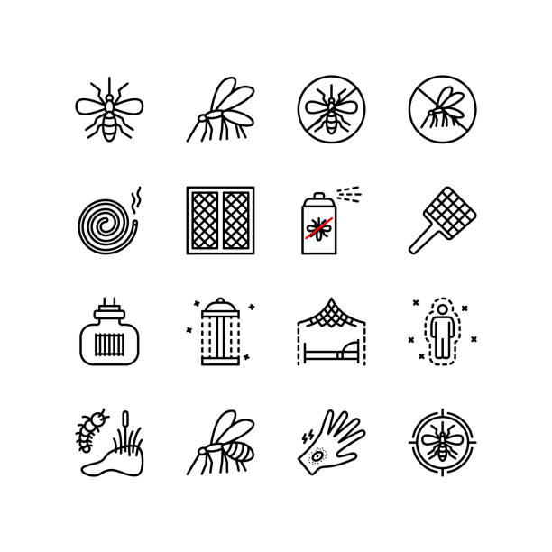ilustrații de stoc cu mosquito icoane linie plat set. simbolul vectorului de control al insectelor, respingător împotriva țânțarilor, protecție, plasă de țânțari. ilustrație vectorială plată simplă pentru site-ul web sau aplicația mobilă - epidemie