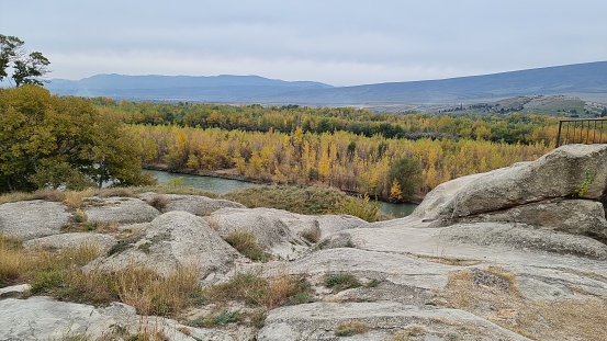 Mtkvari river valley in Autumn view from,Gori,Georgia.
