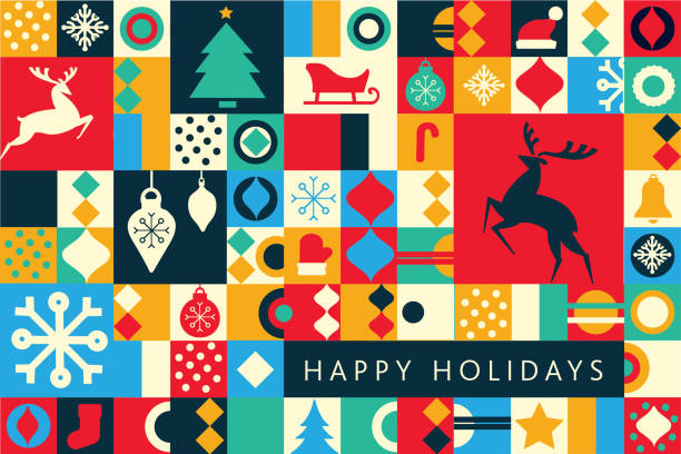 happy holidays kartka z życzeniami płaski szablon z geometrycznymi kształtami skaczących jeleni i prostymi ikonami - bombka ilustracje stock illustrations