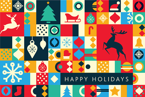 Vector illustration of a Happy Holidays Invitation card design with geometric simplicity and bright colors on dark blue background. Includes flat colorful jumping deer silhouette mosaic. Fully editable and easy to customize. Download includes eps 10 and high resolution jpg.