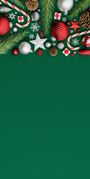Christmas vertical greeting card with copy space and holiday decorations on green background 3d render 3d illustration