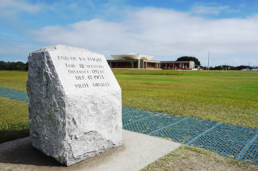 Marker showing the distance of the first successful fight, at the Wright Brothers Memorial National Park in Kill Devil Hills on the Outer Banks of North Carolina