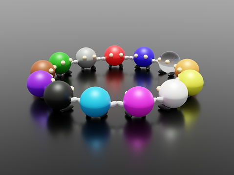 3D illustration of a diverse group of thirteen holding hands. Each individual is a different color. They are standing in a circle together on a shiny dark floor