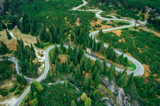 Aerial view of winding road of the San Bernardino pass in the Alp Mountains, Switzerland