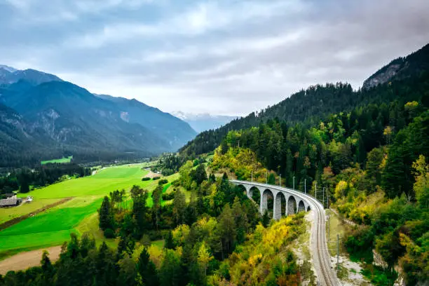 Aerial view of Schmittentobel Viaduct near famous Landwasser Viaduct, Graubunden, Switzerland.