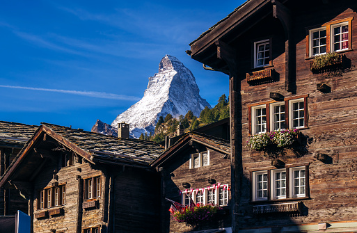 View of the Matterhorn mountain from the center of the Swiss village of Zermatt in Valais in autumn