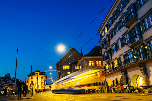 Motion blur of electric tram in the city of Zurich, Switzerland