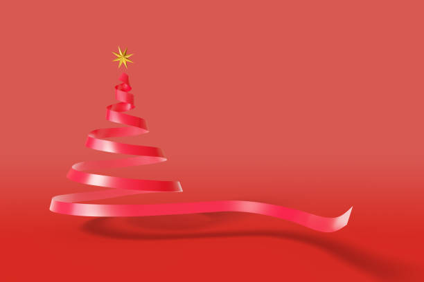 istock Red ribbon draws a Christmas tree with a gold star at its tip . 3d illustration. 1351548139