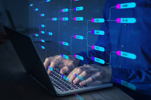 programming and designing software architecture with node tree. abstract technology concept with person uml unified modeling language on computer. data relationship visualization. - diagram computer network network server network security imagens e fotografias de stock