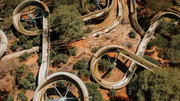 Aerial view, abandoned rusty water slides