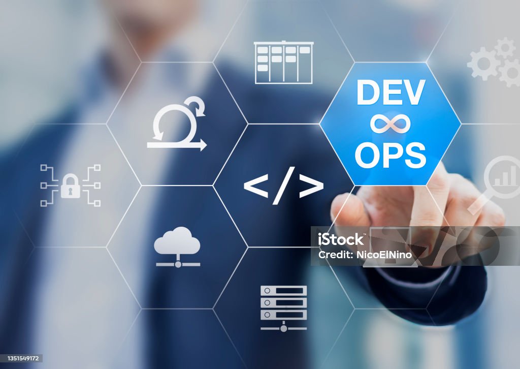 DevOps engineer working on software development and IT operations with icons of agile methodology, sysadmin, network security, automated deployment process, coding, and cloud computing. Devops Stock Photo