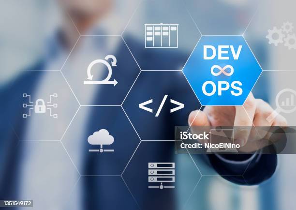 Devops Engineer Working On Software Development And It Operations With Icons Of Agile Methodology Sysadmin Network Security Automated Deployment Process Coding And Cloud Computing Stock Photo - Download Image Now