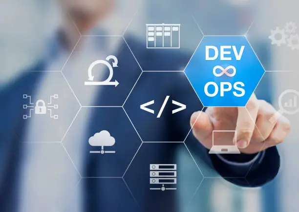 DevOps engineer working on software development and IT operations with icons of agile methodology, sysadmin, network security, automated deployment process, coding, and cloud computing.
