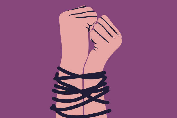 Censorship Tied hands with a rope illustration. Deprivation of liberty symbol. Color graphic. tied up stock illustrations