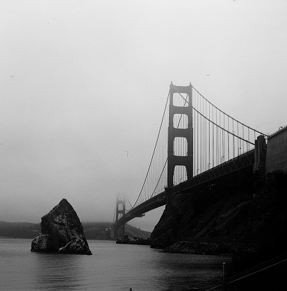 B&W Medium format film photo of Golden Gate Bridge in fog