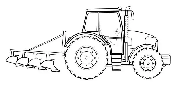 Vector illustration of Farm tractor with plow - vector illustration of a vehicle.