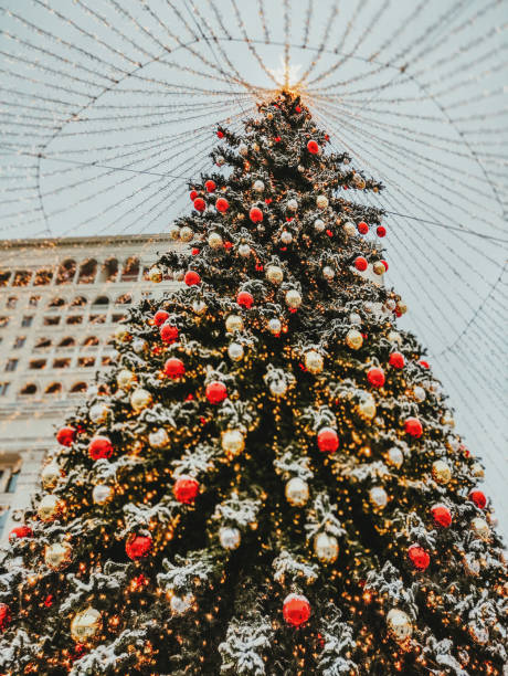 istock Bottom view on high Christmas tree with light bulbs. Outdoor decorations for New Year celebration. Traditional fir tree with red and golden balls. 1351557374
