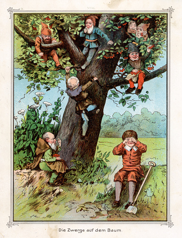 Vintage illustration Dwarves, Gnomes stealing fruit from a tree, German folklore, Victorian 19th Century.