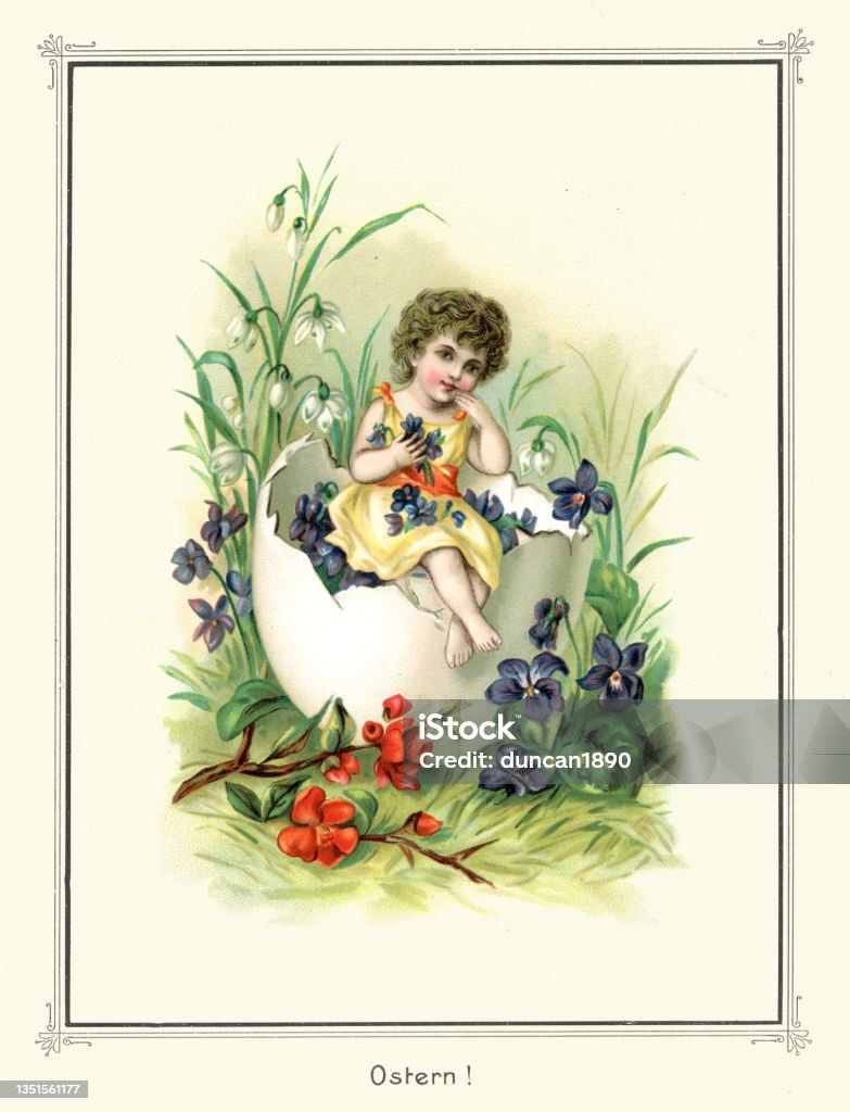 Cute child sating in broken egg shell with flowers, Happy Easter, German, Victorian 19th Century - Royaltyfri Påsk Illustrationer