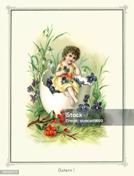 Cute Child Sating In Broken Egg Shell With Flowers Happy Easter German Victorian 19th Century-vektorgrafik och fler bilder på Påsk