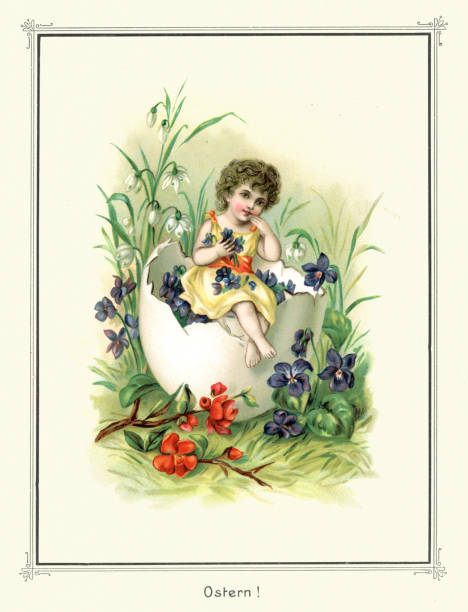 Vintage illustration Cute child sating in broken egg shell with flowers, Happy Easter, German, Victorian 19th Century