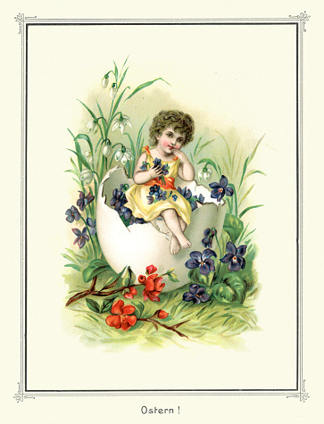 Vintage illustration Cute child sating in broken egg shell with flowers, Happy Easter, German, Victorian 19th Century