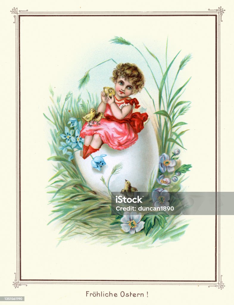 Cute child on Easter egg with chicks, Happy Easter, German, Victorian 19th Century - Royaltyfri Påsk Illustrationer