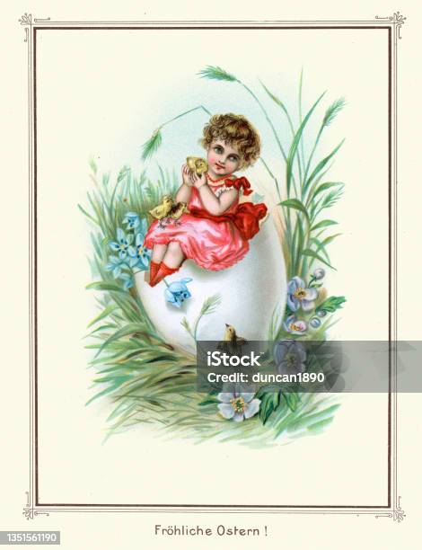 Cute Child On Easter Egg With Chicks Happy Easter German Victorian 19th Century-vektorgrafik och fler bilder på Påsk
