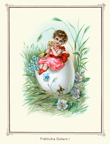 Vintage illustration Cute child on easter egg with chicks, Happy Easter, German, Victorian 19th Century
