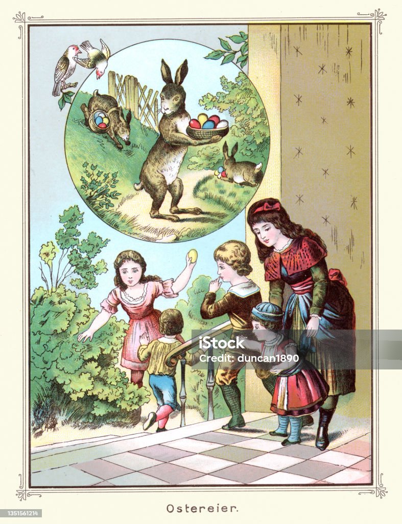 Children searching for easter eggs, Easter bunny, German, Victorian 19th Century - Royaltyfri Påskhare Illustrationer