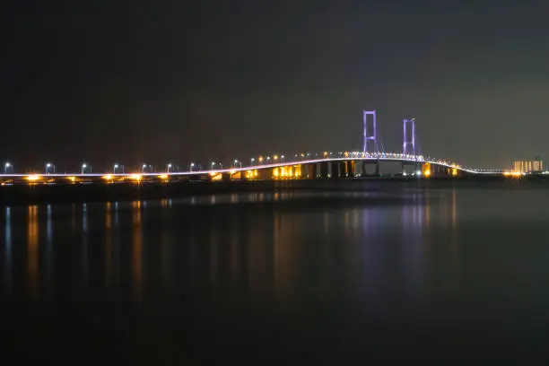 night view of the lights of the suramadu bridge in Indonesia