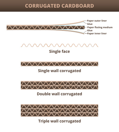 Vector scheme of corrugated cardboard isolated on a white background. composition of corrugated cardboard – paper outer liner, paper fluting medium, paper outer liner, and glue. Single wall corrugated, double wall corrugated, triple wall corrugated and single face.