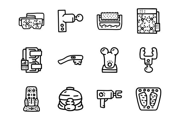 Massagers line vector doodle simple icon set Outline massagers black line vector doodle icon set for web design and presentation isolated on background acupuncture mat stock illustrations