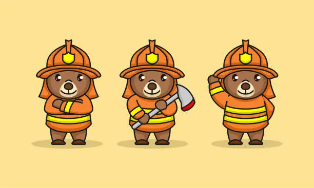 Vector illustration of Set of cute teddy bear with firefighter costume