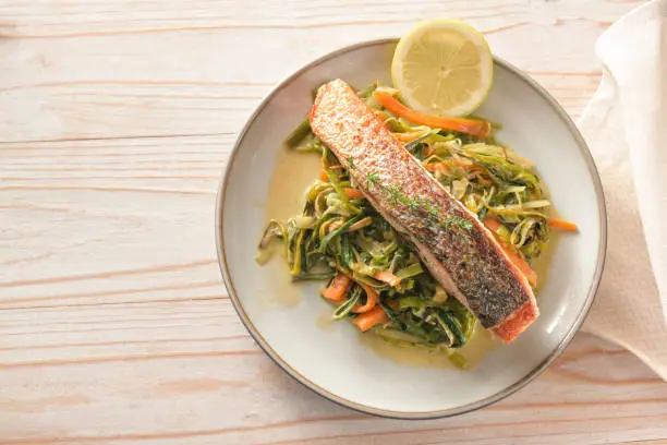 Photo of Fried salmon fillet with crispy skin on with leek and carrot vegetables on a plate, light wooden table with copy space, high angle view from above, selected focus, narrow depth of field