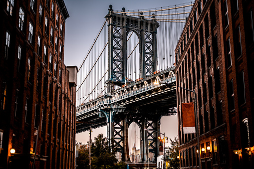 One of the most recognisable points of view on   Manhattan bridge seen from Dumbo Brooklyn.