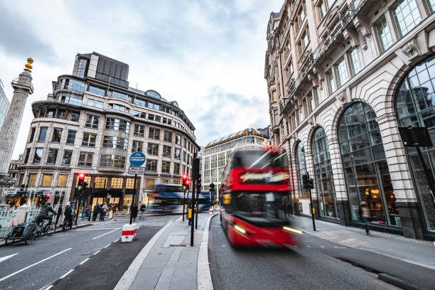 istock Double decker bus in London street 1351568358