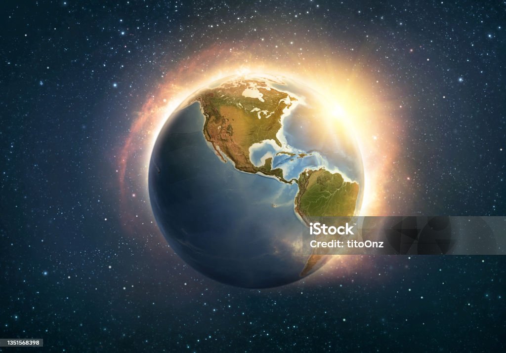 Global warming on Planet Earth Global warming, climate change, worldwide disaster on Planet Earth, North and South America. 3D illustration (Blender software), elements of this image furnished by NASA (https://eoimages.gsfc.nasa.gov/images/imagerecords/147000/147190/eo_base_2020_clean_3600x1800.png) Planet Earth Stock Photo