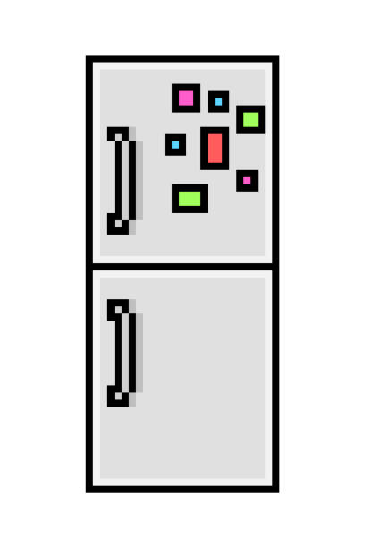 2d 8 бит пиксельный арт холодильник украшен магнитами иконка, изолированная на белом фоне. символ бытовой техники. винтаж ретро 80-х, компьюте� - white background food close up studio shot stock illustrations