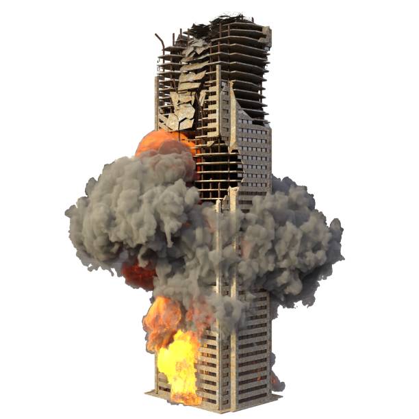 istock Ruined building in flames isolated on white 3d illustration 1351572473