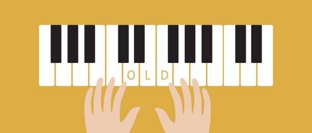 istock Old Hands on Piano Keys, Elderly Hobby, Flat Vector Stock Illustration with Hands of Elderly Musician as Music Class Concept 1351574057